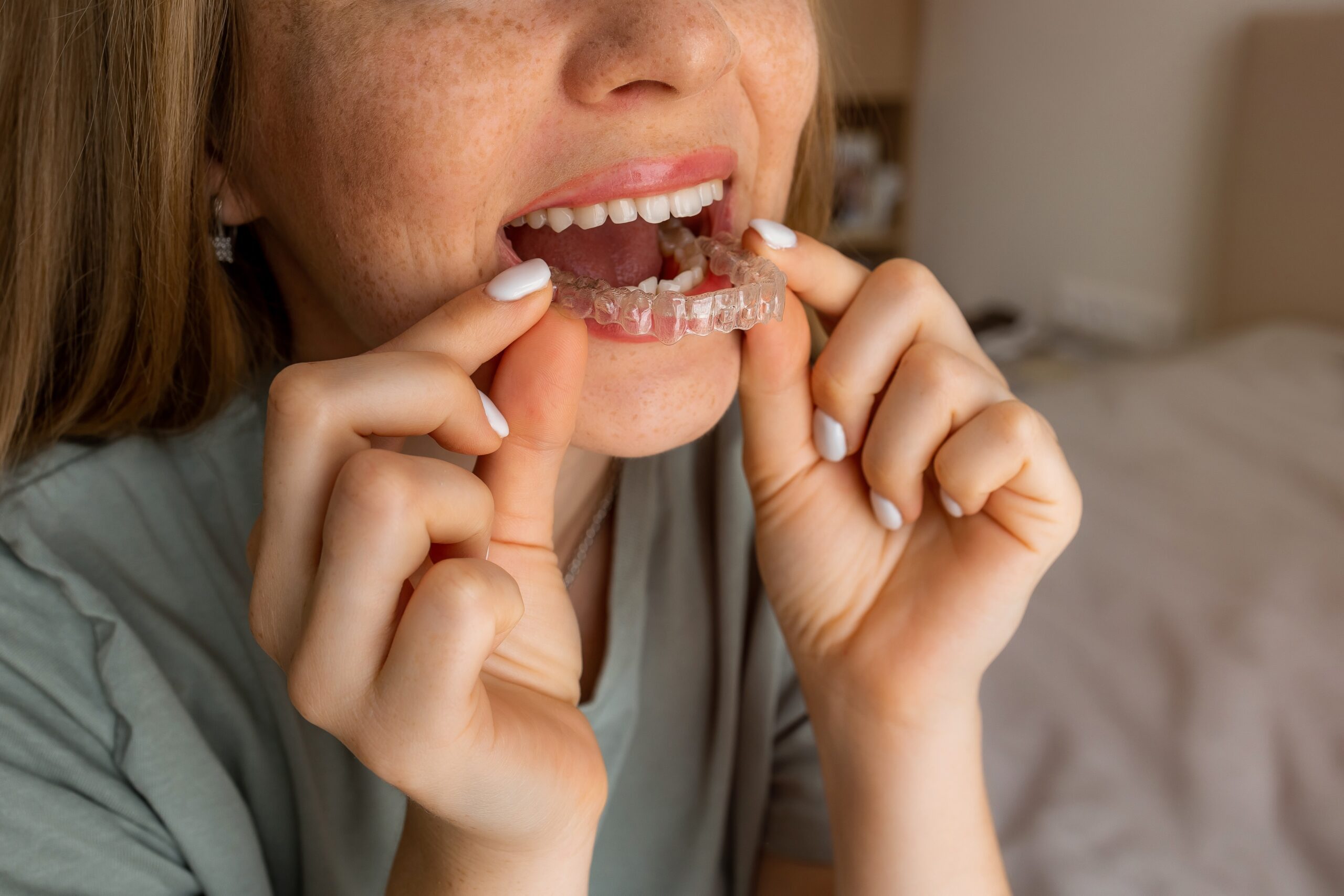 young woman placing her Candid clear aligners